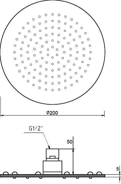 Technical image of Component Round Shower Head With Wall Mounting Arm.  200mm.