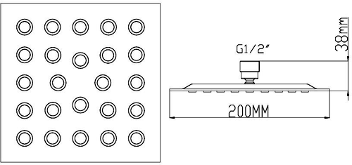 Technical image of Hudson Reed Showers Square Shower Head & Wall Mounting Arm (200x200mm)