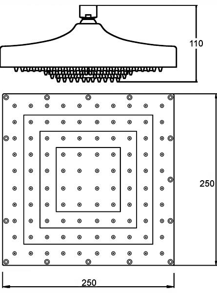 Technical image of Component Helix Square Shower Head & Wall Mounting Arm. 250x250mm.