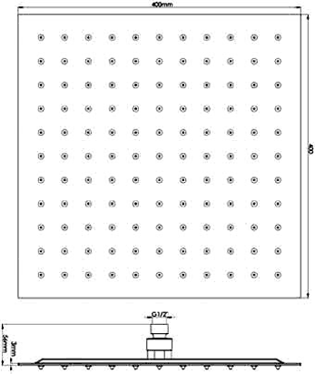 Technical image of Hudson Reed Showers Large Square Shower Head With Arm 400x400mm.