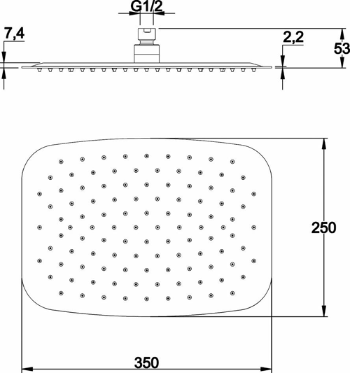 Technical image of Hudson Reed Showers Soft Rectangular Fixed Shower Head (350x250mm).