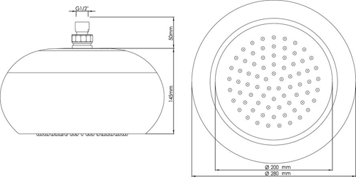 Technical image of Hudson Reed Showers Designer Shower Head With Arm (Black & Chrome).