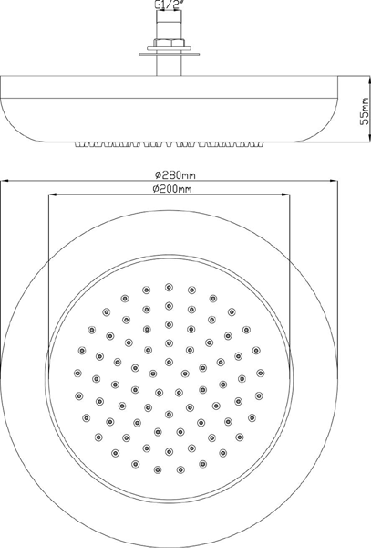 Technical image of Hudson Reed Showers Round Ceiling Fixed Shower Head (280mm Diameter).