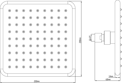 Technical image of Hudson Reed Showers Square Fixed Shower Head (200x200mm).