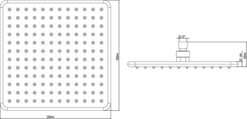 Technical image of Hudson Reed Showers Square Shower Head With Arm 300x300mm.