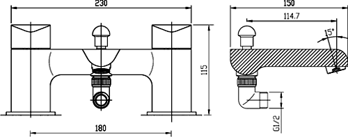 Technical image of Hudson Reed Hero Bath Shower Mixer Tap With Shower Kit (Chrome).