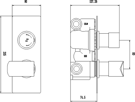 Technical image of Hudson Reed Hero 3/4" Twin Thermostatic Shower Valve With Diverter.