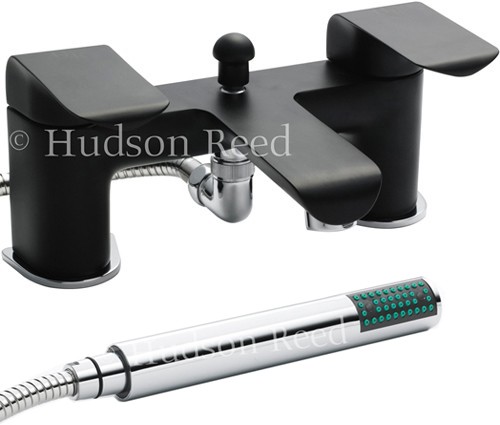 Larger image of Hudson Reed Hero Bath Shower Mixer Tap + Shower Kit (Black & Chrome).