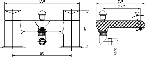 Technical image of Hudson Reed Hero Bath Shower Mixer Tap + Shower Kit (Black & Chrome).