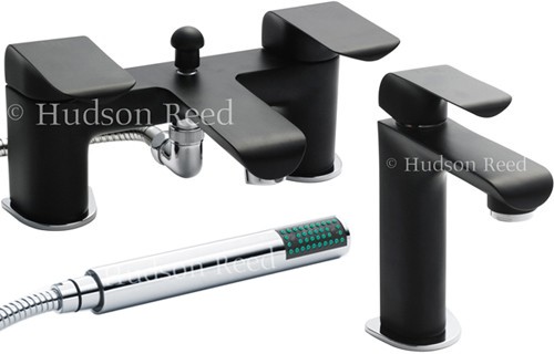 Larger image of Hudson Reed Hero Basin & Bath Shower Mixer Tap Set (Black & Chrome).