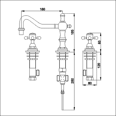 Technical image of York 3 Tap Hole Basin Mixer with free pop up waste