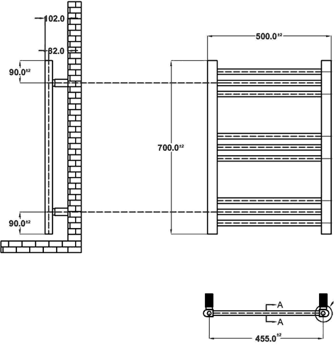 Technical image of Ultra Radiators Cloakroom Heated Towel Rail (Chrome). 500x700mm.