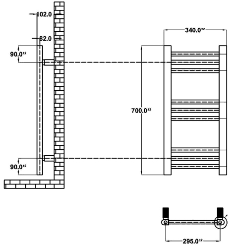Technical image of Ultra Radiators Cloakroom Heated Towel Rail (Chrome). 340x700mm.