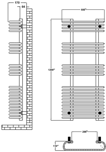 Technical image of Ultra Radiators Sway Heated Towel Rail (Chrome). 500x1200mm.
