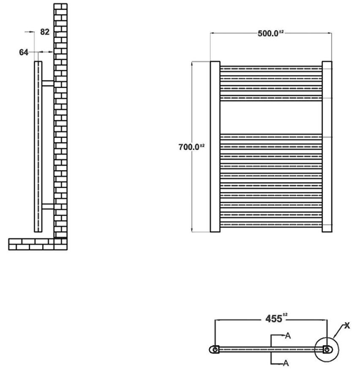 Technical image of Ultra Radiators Straight Heated Towel Rail (Chrome). 500x700mm. 717 BTU.