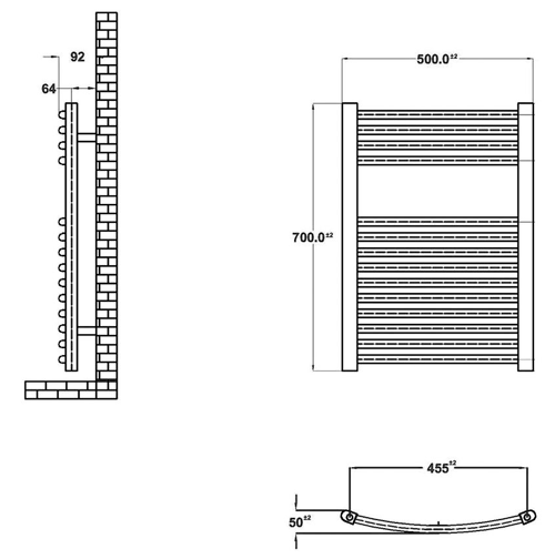 Technical image of Ultra Radiators Curved Heated Towel Rail (Chrome). 500x700mm. 737 BTU.