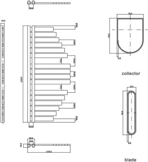 Technical image of Hudson Reed Brunel Designer Vertical Radiator. 1100x483 (Chrome).