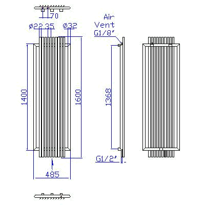 Technical image of HR Designer Stainless Steel Pro Linea radiator size 1600 x 480mm. 3478 BTU