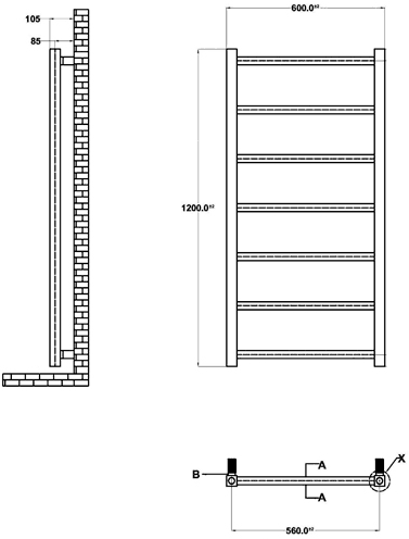 Technical image of Hudson Reed Radiators Eton Electric Radiator (Chrome). 600x1200mm.