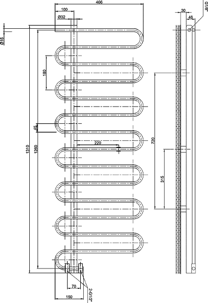 Technical image of Hudson Reed Radiators Finesse Designer Radiator (Stainless Steel). 466x1310.