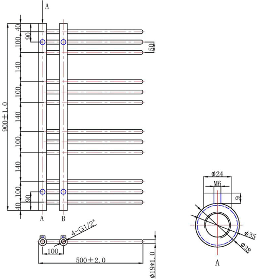 Technical image of Hudson Reed Finesse Towel Radiator. 900x500 (Chrome).