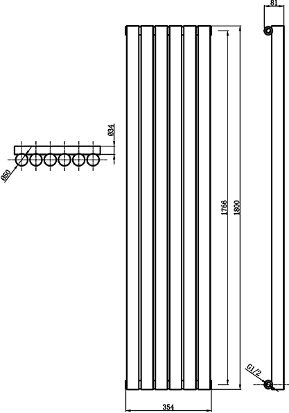 Technical image of Hudson Reed Radiators Savy Radiator 354x1800 (Anthracite). 3333 BTU.