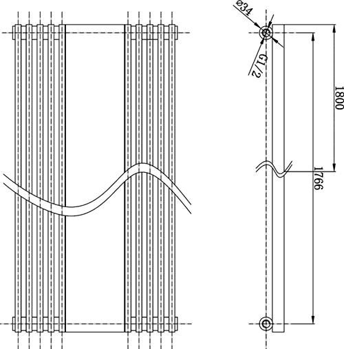 Technical image of Hudson Reed Radiators Anthracite Keida radiator with mirror.  1800 x 420mm. 3591 BTU.