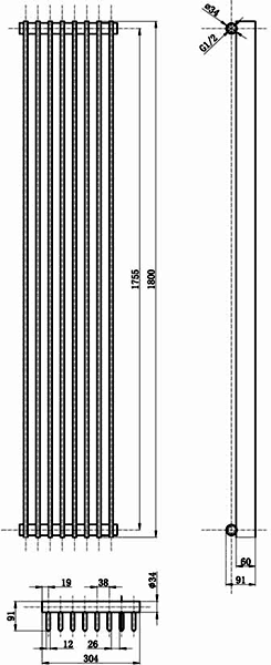 Technical image of Hudson Reed Radiators Fin Radiator (Anthracite). 304x1800mm. 4408 BTU.