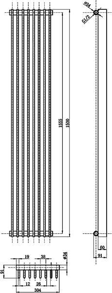 Technical image of Hudson Reed Radiators Fin Radiator (Anthracite). 304x1500mm. 3172 BTU.