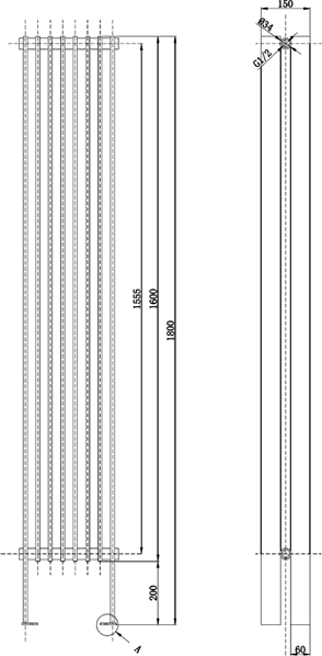 Technical image of Hudson Reed Radiators Fin Floor Mounted Radiator (Black). 304x1800mm.