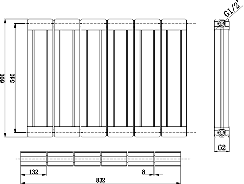 Technical image of Hudson Reed Radiators Glee Designer Radiator (Black). 832x600mm.