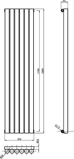 Technical image of Hudson Reed Radiators Savy Radiator (Black). 354x1800mm. 3971 BTU.