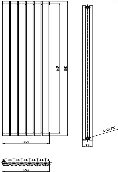 Technical image of Hudson Reed Radiators Revive Radiator (Black). 354x1500mm. 3926 BTU.