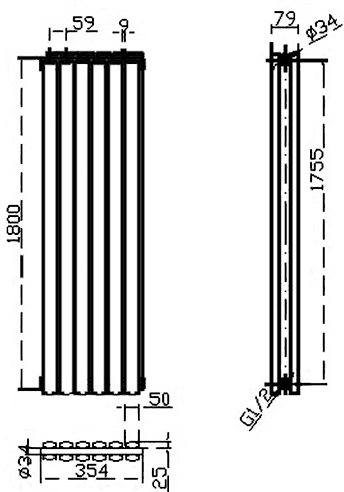 Technical image of Hudson Reed Radiators Revive Radiator (Black). 354x1800mm. 4609 BTU.