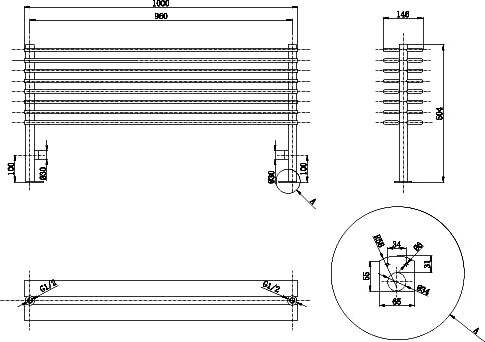 Technical image of Hudson Reed Radiators Fin Floor Mounted Radiator (Black). 1000x504mm.