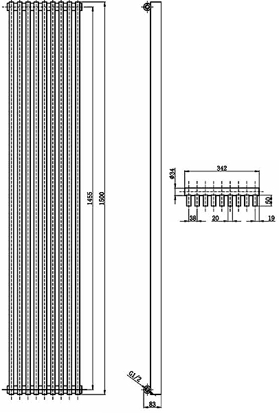 Technical image of Hudson Reed Radiators Parallel Designer Radiator (Black). 342x1500mm.