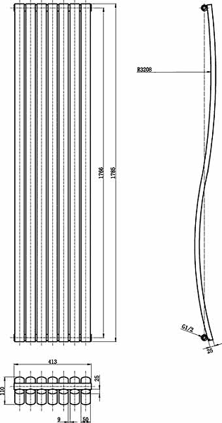 Technical image of Hudson Reed Radiators Revive Wave Radiator (Black). 413x1785mm.