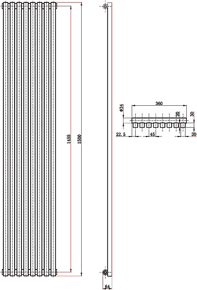 Technical image of Ultra Radiators Kenetic Radiator (Black). 360x1500mm.