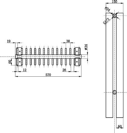 Technical image of Hudson Reed Radiators Fin Floor Mounted Radiator (Silver). 570x900mm.