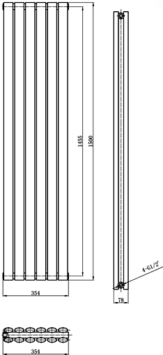 Technical image of Hudson Reed Radiators Revive Radiator (Silver). 1500x354mm. 3926 BTU.