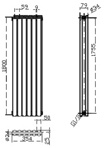 Technical image of Hudson Reed Radiators Revive Radiator (Silver). 1800x354mm. 4677 BTU.