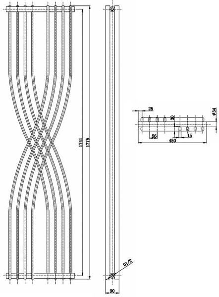 Technical image of Hudson Reed Radiators Xcite Designer Radiator (Silver). 450x1775mm.