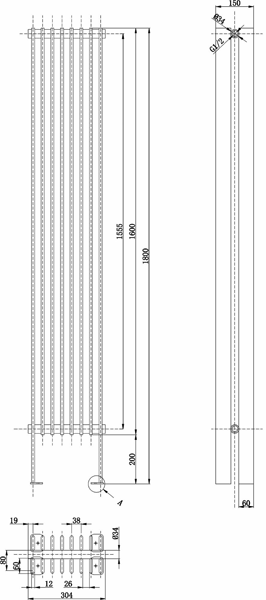 Technical image of Hudson Reed Radiators Double Panel Vertical Radiator With Legs (Silver). 1800x304mm.