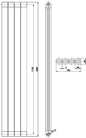 Technical image of Hudson Reed Radiators Nirvana Designer Radiator (White). 335x1800mm.