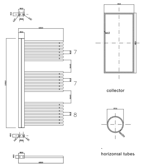 Technical image of Hudson Reed Finesse Designer Towel Radiator. 1200x600 (White).