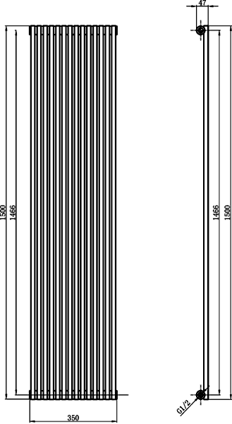 Technical image of Hudson Reed Radiators Refresh Radiator (White). 350x1500mm. 2512 BTU.