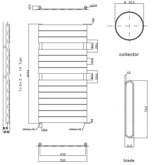 Technical image of Hudson Reed Flat Panel Towel Radiator. 1213x500 (White).