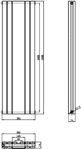 Technical image of Hudson Reed Radiators Sloane Mirror Radiator (White). 381x1500mm.