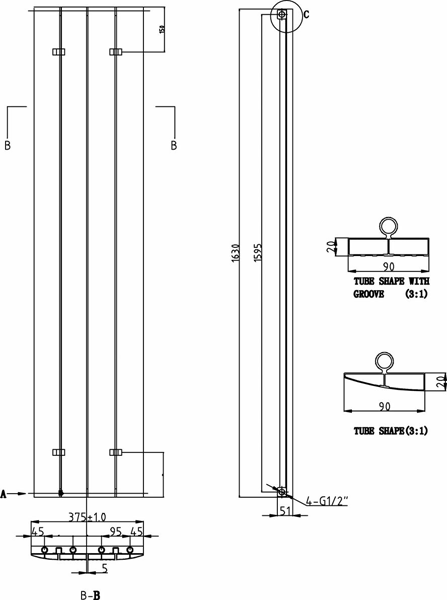 Technical image of Hudson Reed Rapture Curved Vertical Radiator. 1800x375 (White).