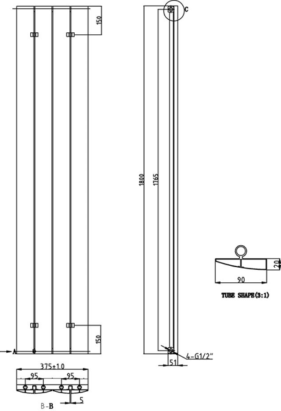 Technical image of Hudson Reed Rapture Bowed Vertical Radiator. 1800x375 (White).